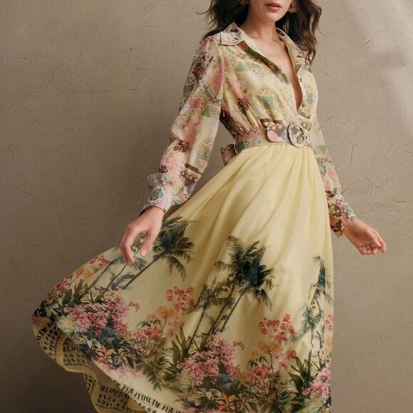 Yellow Boho Women's Floral Print Sleeve Cinched Waist Maxi Dress - Picture 1 of 7